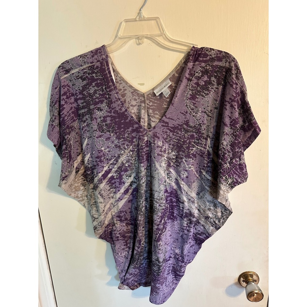 Purple Black Paisley Filigree V-Neck Dolman Top Large Fashion Bug Womens